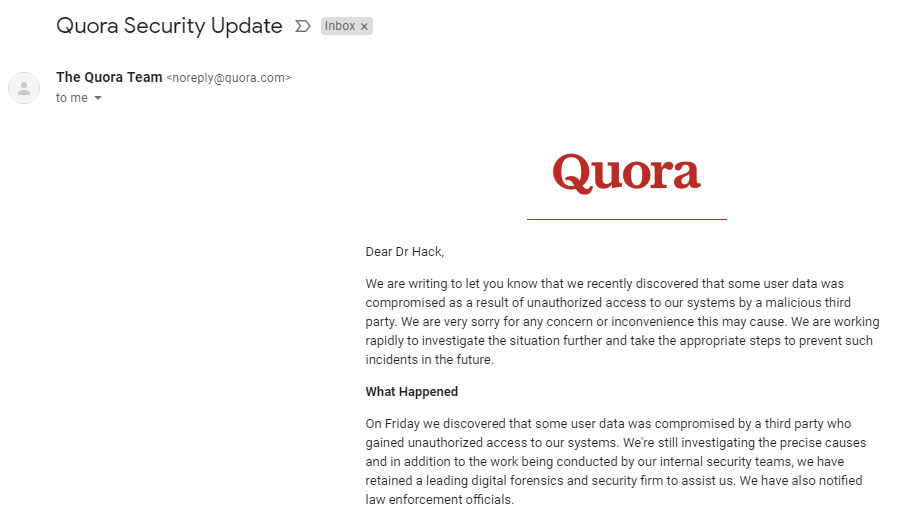 Quora Hacked Email