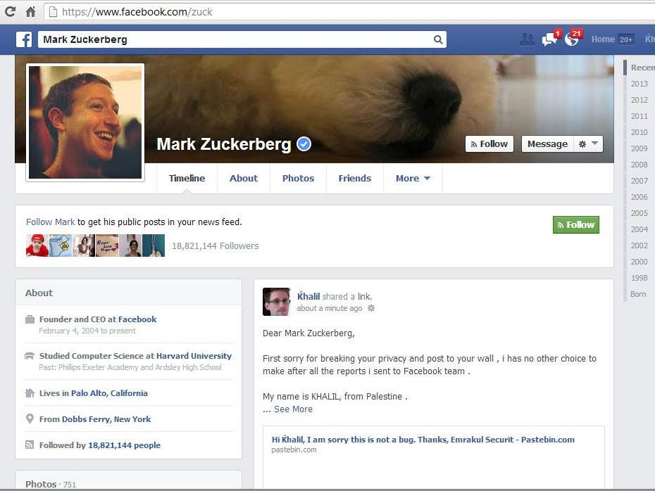 Khalil Mark Zuckerberg Facebook Exploit