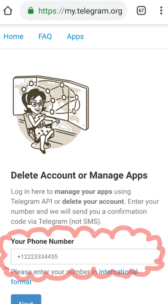 Enter Telegram Number for Account Deletion