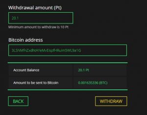 Utopia Reward Withdrawal for btc